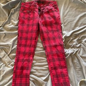 Truce Red Plaid 5 Pocket Skinny Jeans 30” inseam